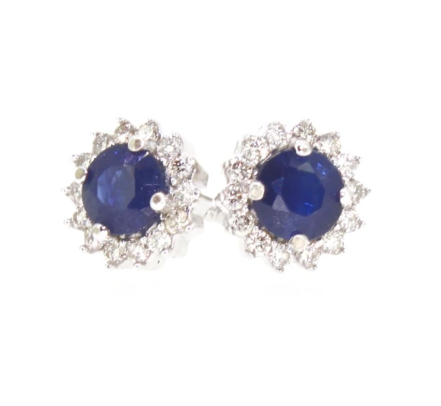 9ct White Gold Blue Sapphire Earrings with Diamond Cluster