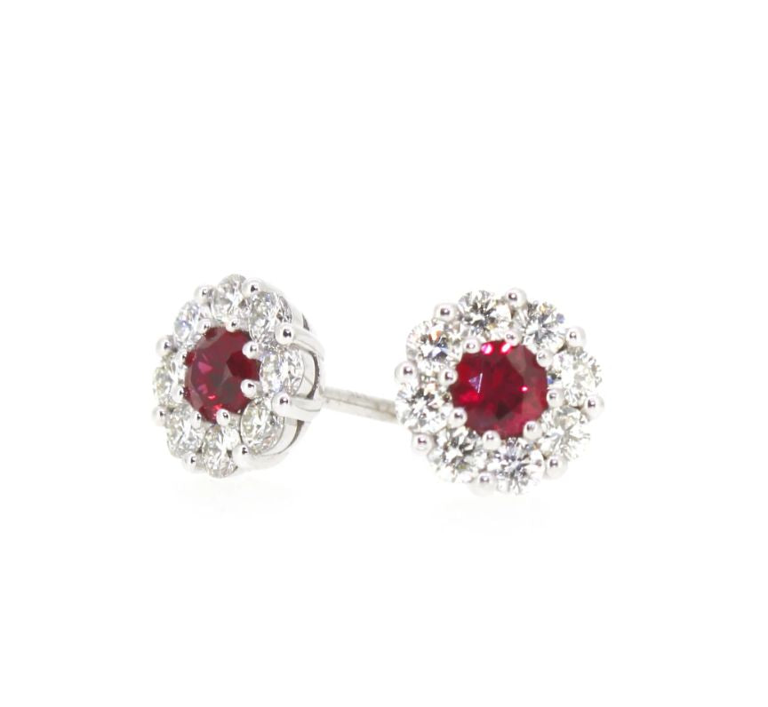 9ct White Gold Ruby & Diamond Cluster Earrings