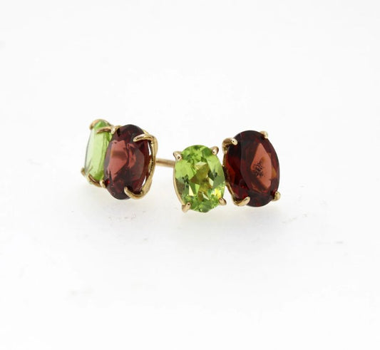 Peridot and Garnet Stud Earrings in 9ct Yellow Gold