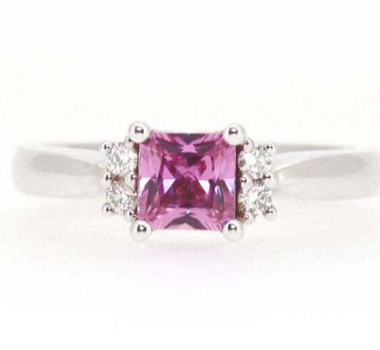 Square Cut Pink Sapphire and Diamond Ring in 9ct White Gold I 0.18ct Diamond & 0.81ct Pink Sapphire