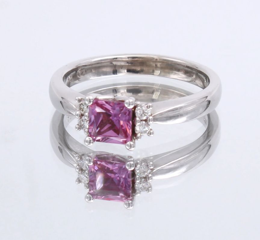 9ct White Gold Square Cut Pink Sapphire and Diamond Ring (0.99ct)