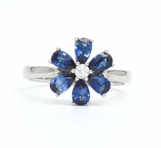 Blue Sapphire Flower Ring with Diamond Centre in 9ct White Gold I 0.06ct Diamond & 1.32ct Sapphire total