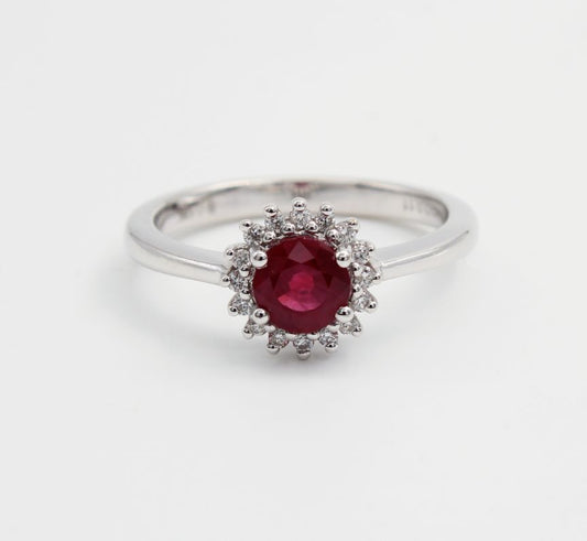 Diamond and Ruby Cluster Ring in 18ct White Gold I 0.11ct Diamond & 0.8ct Ruby total