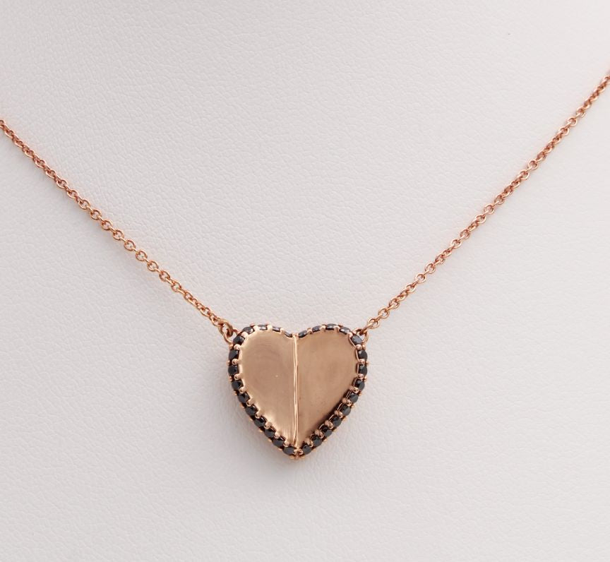 9ct Rose Gold Flutter Heart Pendant with Black Diamonds