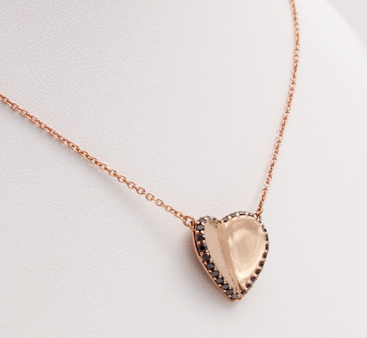 9ct Rose Gold Flutter Heart Pendant with Black Diamonds