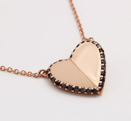 9ct Rose Gold Flutter Heart Pendant with Black Diamonds