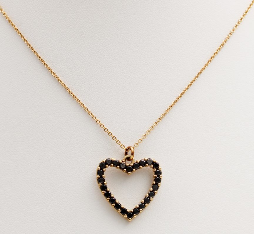 Black Diamond Heart Pendant in 9ct Yellow Gold (Large)