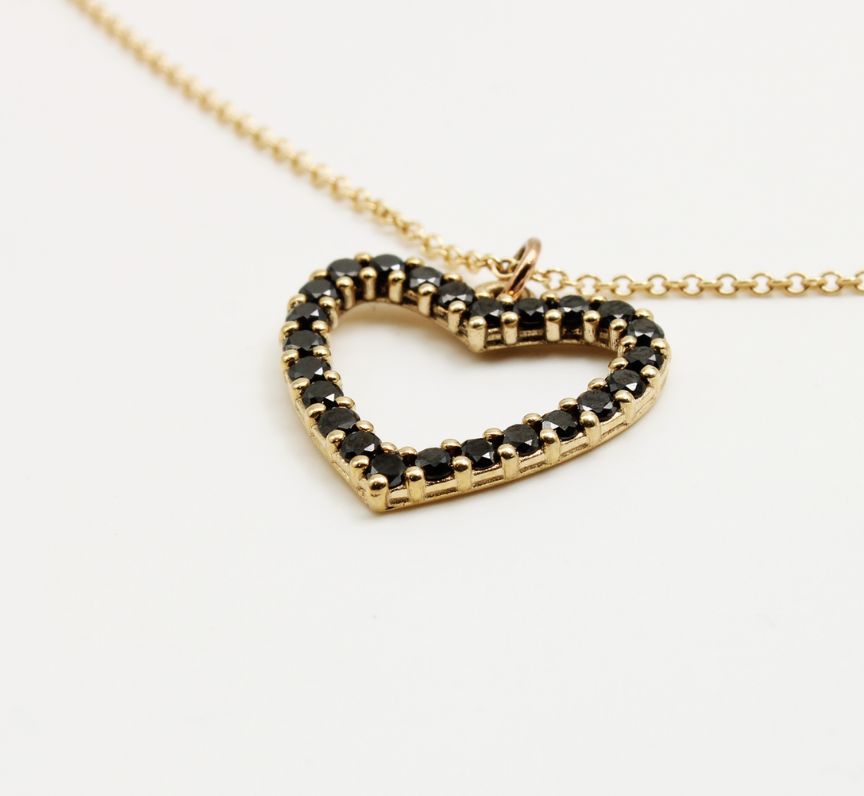 Black Diamond Heart Pendant in 9ct Yellow Gold (Large)