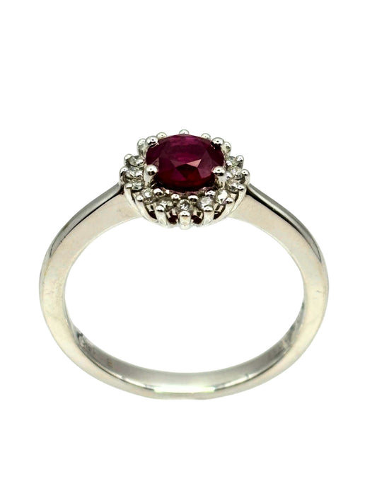 Ruby Solitaire Ring with Diamond Halo in 18kt White Gold I Ruby 0.46ct I Diamonds 0.16ct