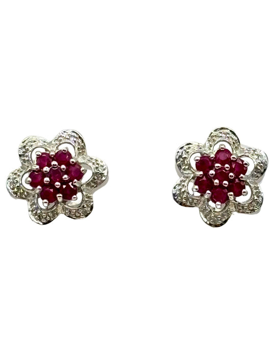 Ruby and Diamond Cluster Stud Earrings in 9K Gold I Ruby 1.40ct I Diamond 0.06ct