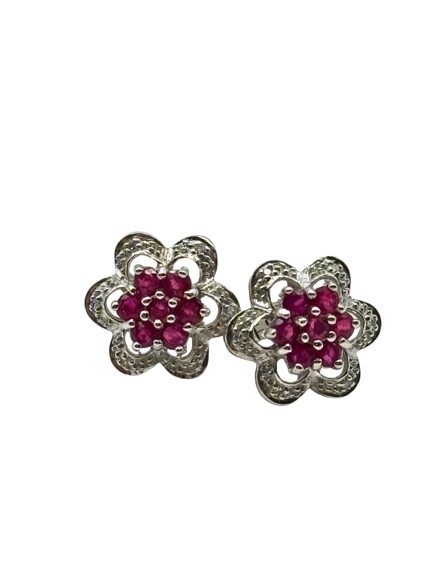 Ruby and Diamond Cluster Stud Earrings in 9K Gold I Ruby 1.40ct I Diamond 0.06ct