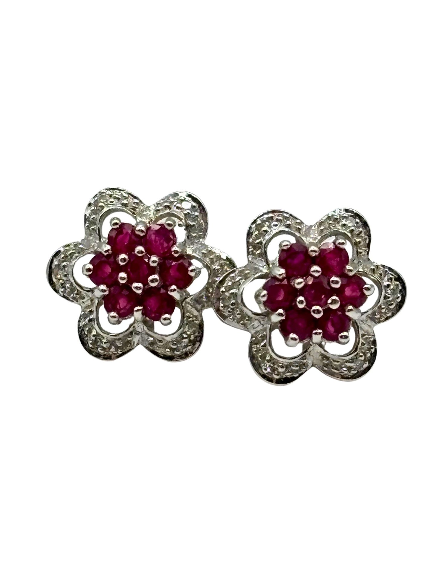 Ruby and Diamond Cluster Stud Earrings in 9K Gold I Ruby 1.40ct I Diamond 0.06ct