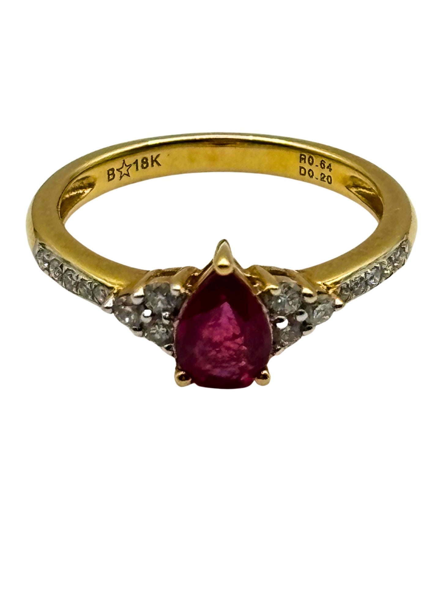 Pear Shaped Ruby Ring with Diamond Side Stones in 18kt Gold I Ruby 0.64ct I Diamonds 0.20ct