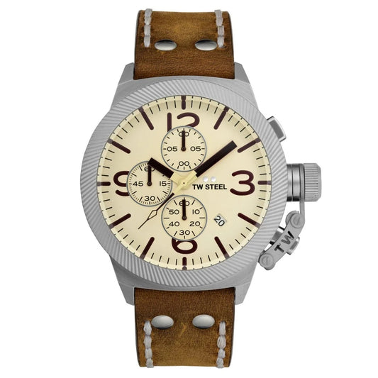 TW Steel Men's Canteen | Cream Chronograph Dial | Brown Leather Strap CS104