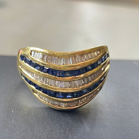 18ct Yellow Gold Baguette Diamond & Sapphire Ring I 0.75ct diamond & 0.34ct sapphire total