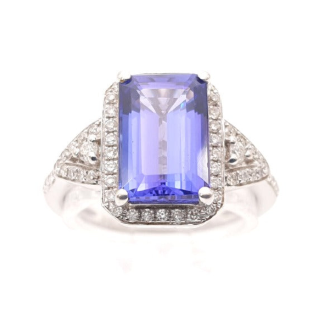 Emerald-Cut Tanzanite & Diamond Halo Ring in 18ct White Gold I 0.33ct Diamond & 3.37ct Tanzanite total
