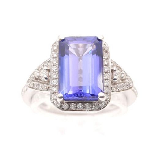 Emerald-Cut Tanzanite & Diamond Halo Ring in 18ct White Gold I 0.33ct Diamond & 3.37ct Tanzanite total