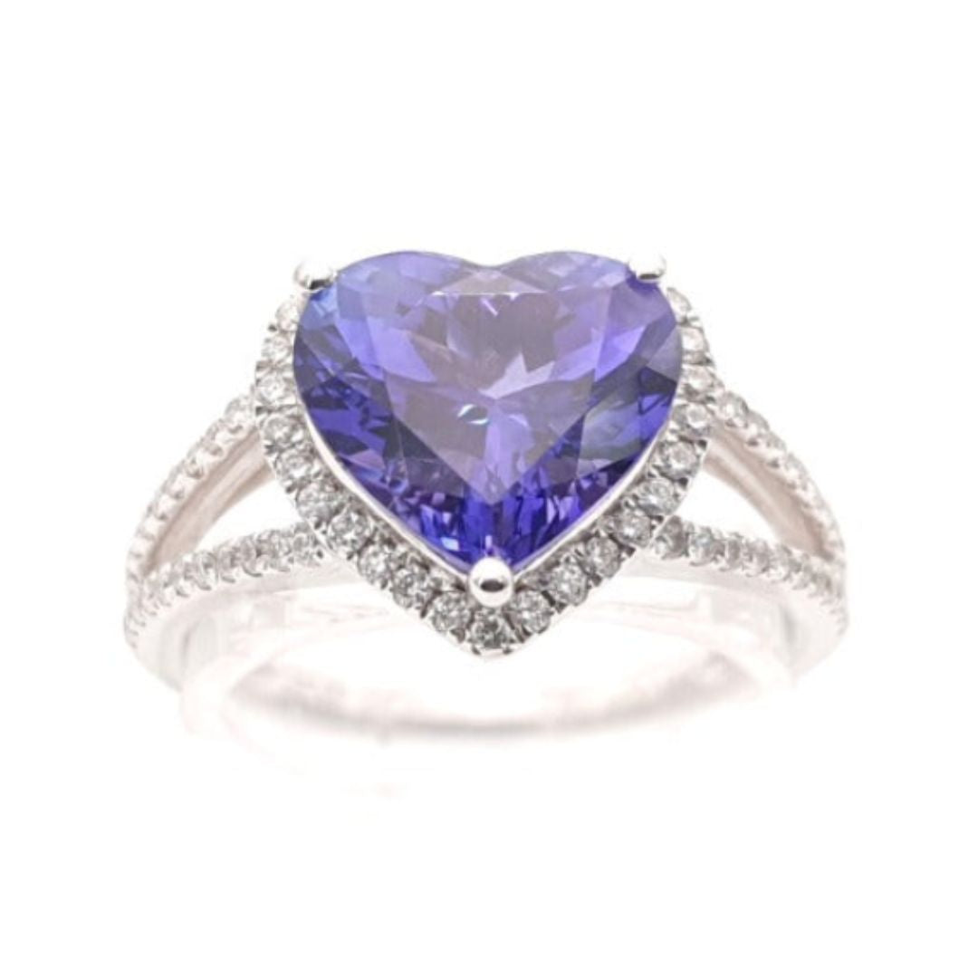 Heart-Shaped Tanzanite & Diamond Halo Ring in 18ct White Gold I 0.37ct Diamond & 3.1ct Tanzanite