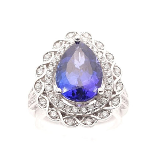 Pear-Shaped Tanzanite & Diamond Double-Row Halo Ring in 18ct White Gold I 0.7ct Diamonds & 3.39ct Tanzanite total