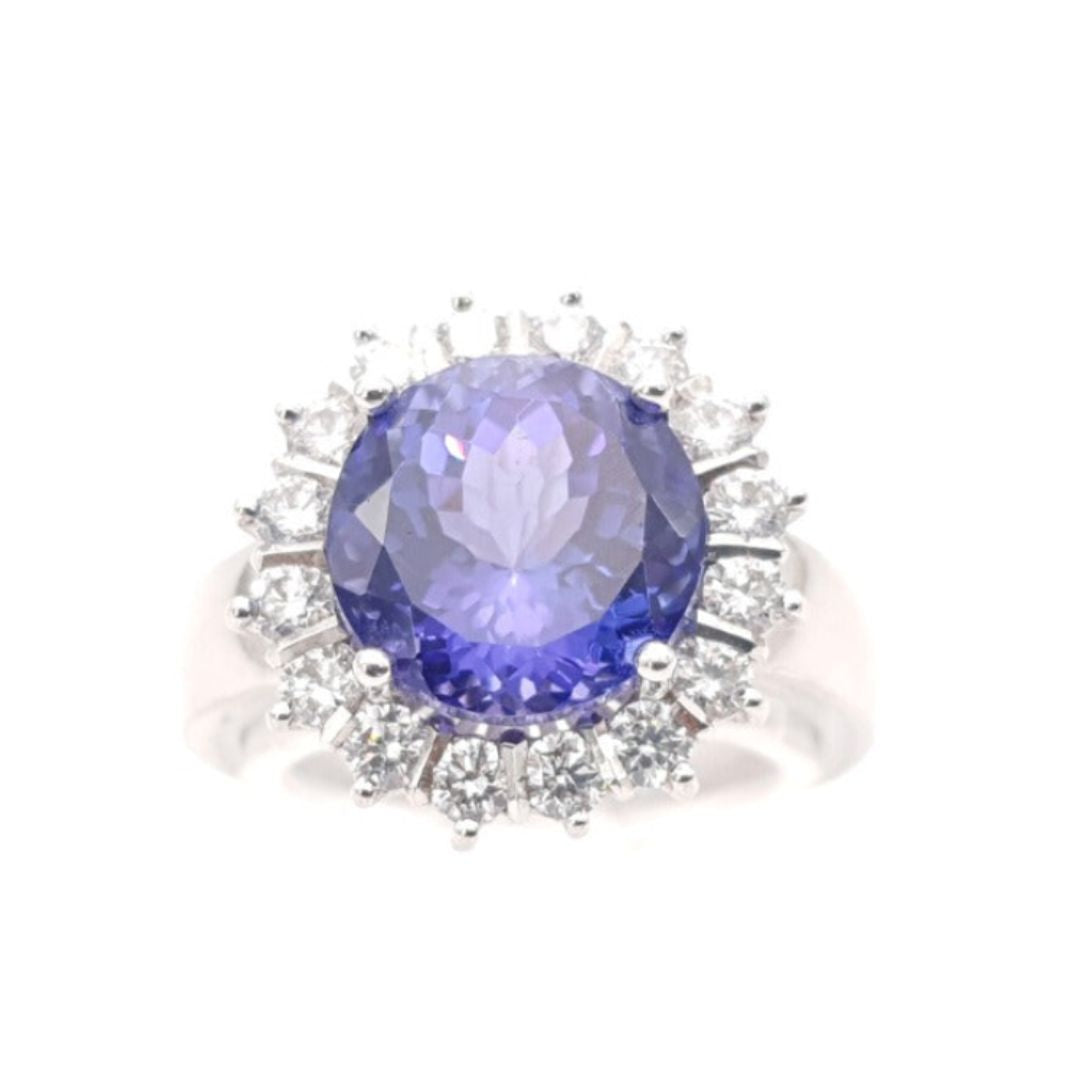 Tanzanite Round and Diamond Cluster Ring in 18ct White Gold I 0.73ct Diamond & 4.93ct Tanzanite total