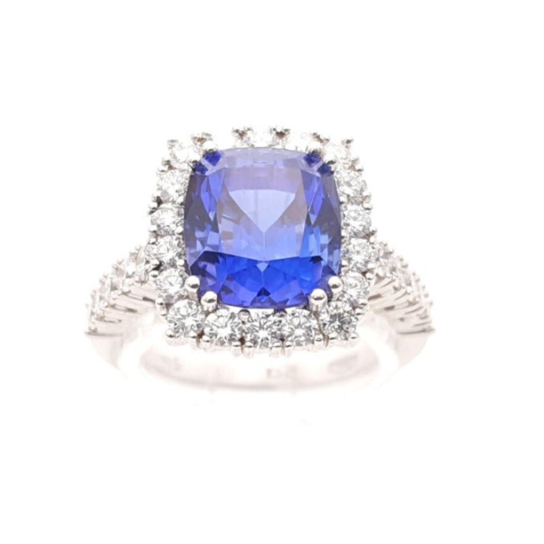 Cushion-Cut Tanzanite & Diamond Halo Ring in 18ct White Gold I 1.02ct Diamond & 5.78ct Tanzanite total