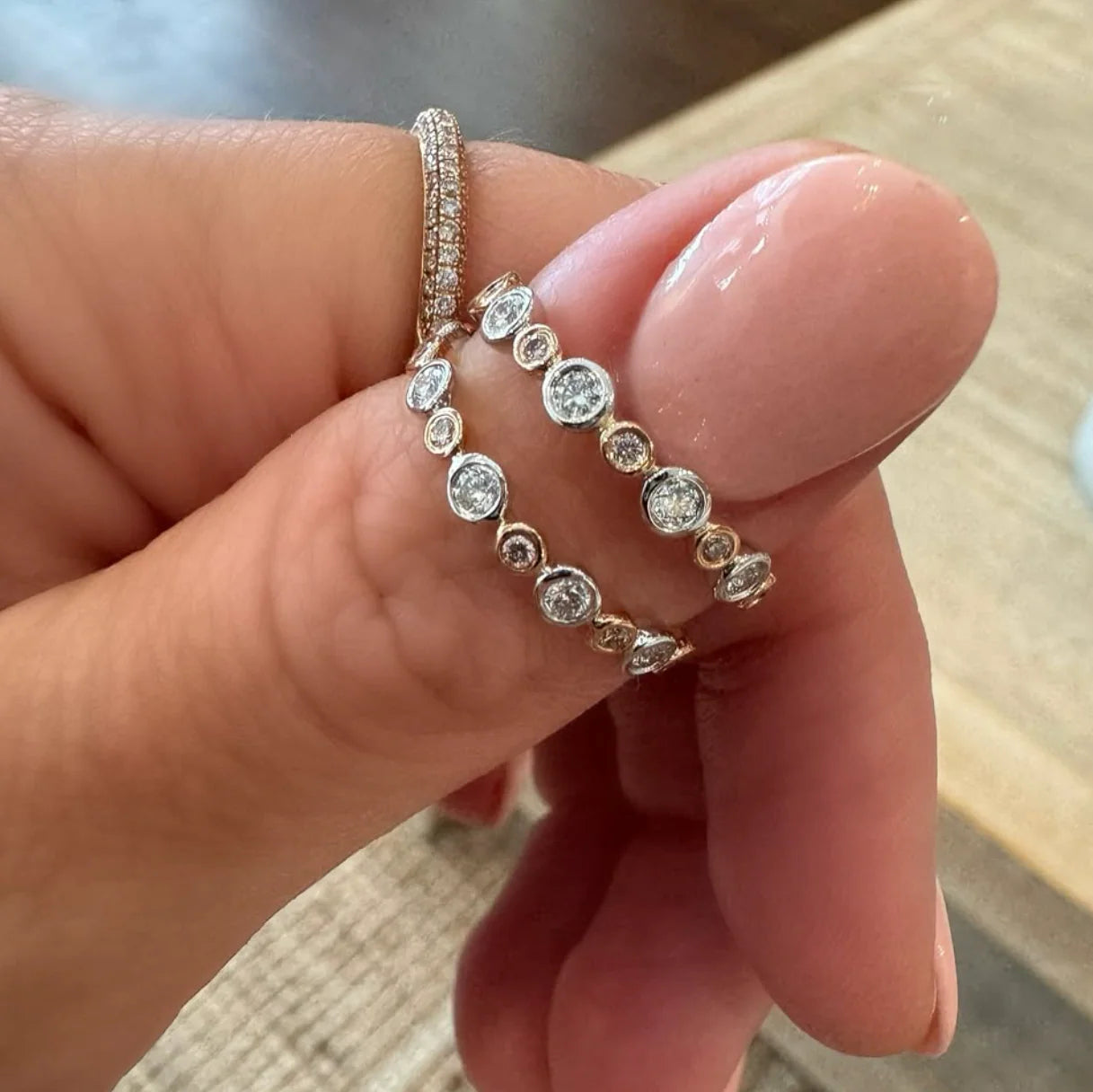 Pink & White Diamond Alternating Bezel Ring