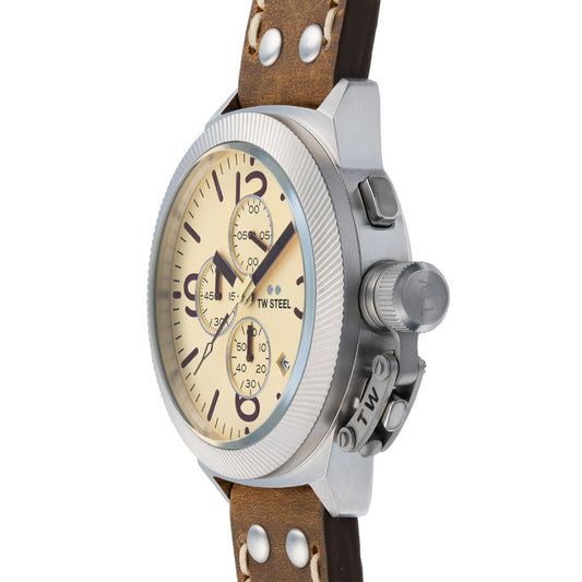 TW Steel Men's Canteen | Cream Chronograph Dial | Brown Leather Strap CS104