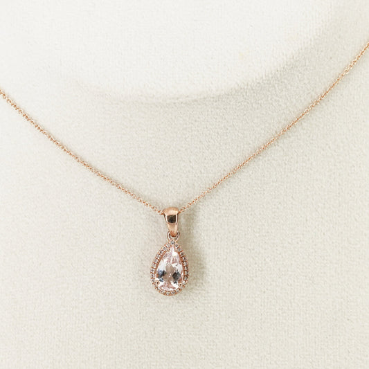 9ct Rose Gold Morganite and Diamond Teardrop Pendant I 0.1ct Diamond & 1.6ct Morganite total