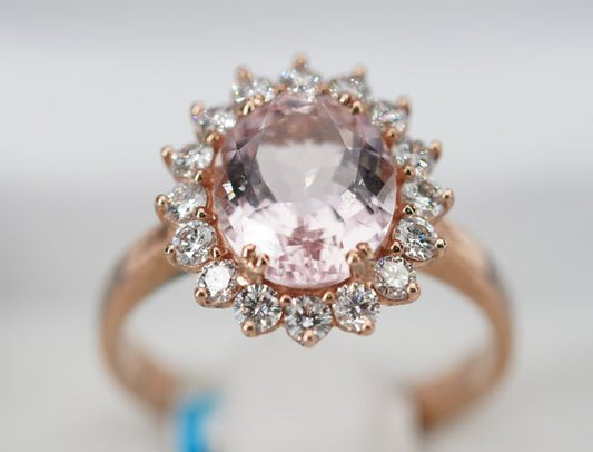 9ct Rose Gold Morganite and Halo Diamond Engagement Ring