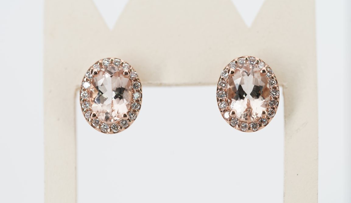 9ct Rose Gold Oval Morganite and Diamond Earrings