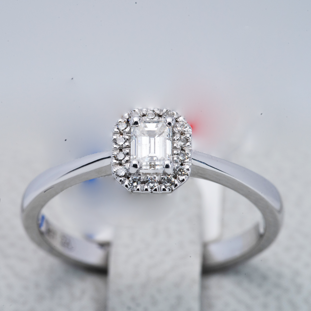 9ct White Gold Baguette Diamond Halo Engagement Ring
