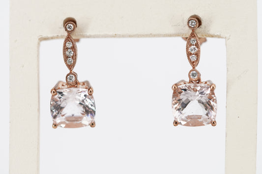Morganite and Diamond Cushion Cut Earrings in 9ct Rose Gold I 0.07 Diamond & 2.96ct Morganite total