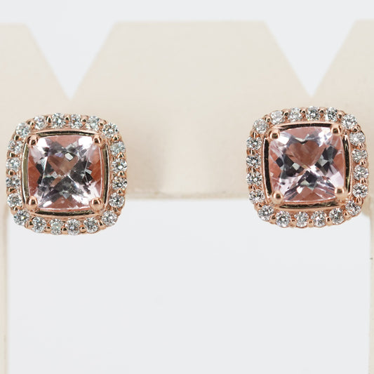Morganite and Diamond Cushion Stud Earrings in 9ct Rose Gold I 0.35ct Diamond & 1.89ct Morganite total
