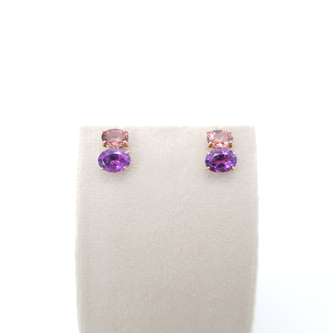 9ct Yellow Gold Tourmaline & Amethyst Stud Earring