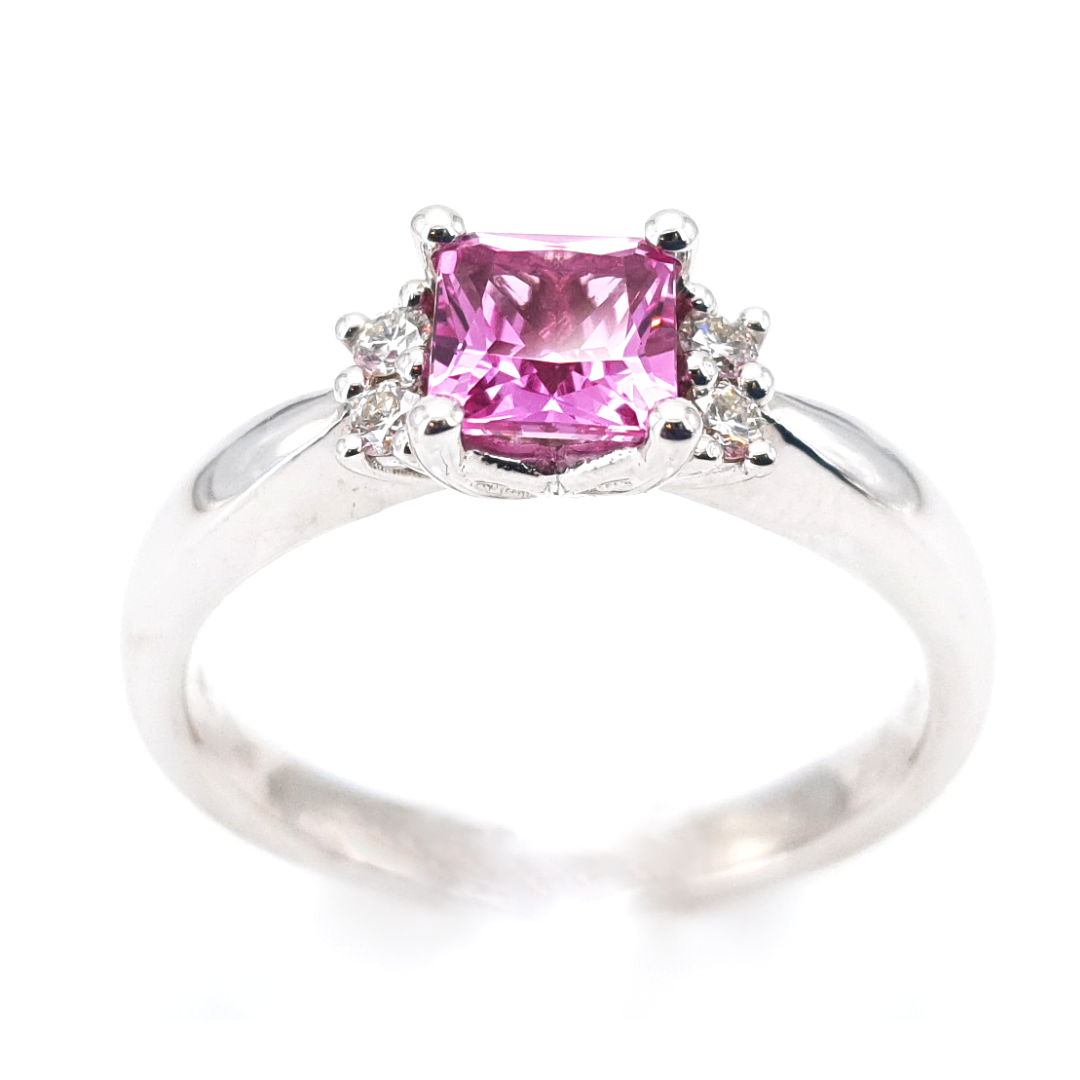 9ct White Gold Princess Cut Pink Sapphire and Diamond Ring I 0.18ct Diamond & 0.81ct Pink Sapphire total