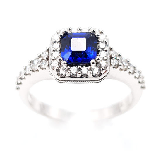 18ct White Gold Princess Cut Blue Sapphire and Diamond Halo Ring I 0.44ct Diamond & 0.81ct Blue Sapphire total
