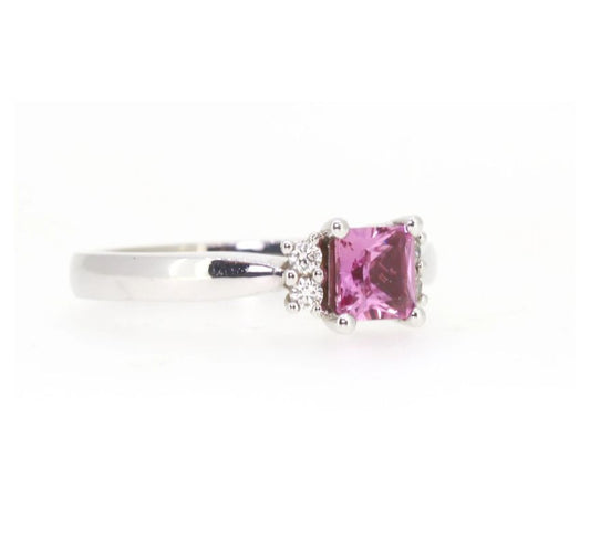 9ct White Gold Square Cut Pink Sapphire and Diamond Ring I 0.18ct Diamond & 0.81ct Pink Sapphire