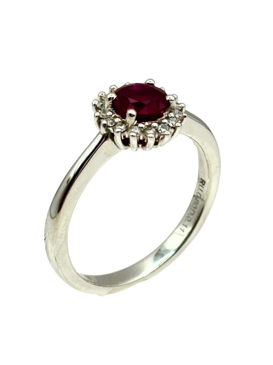 Ruby Solitaire Ring with Diamond Halo in 18kt White Gold I Ruby 0.46ct I Diamonds 0.16ct
