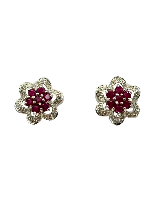 Ruby and Diamond Cluster Stud Earrings in 9K Gold I Ruby 1.40ct I Diamond 0.06ct